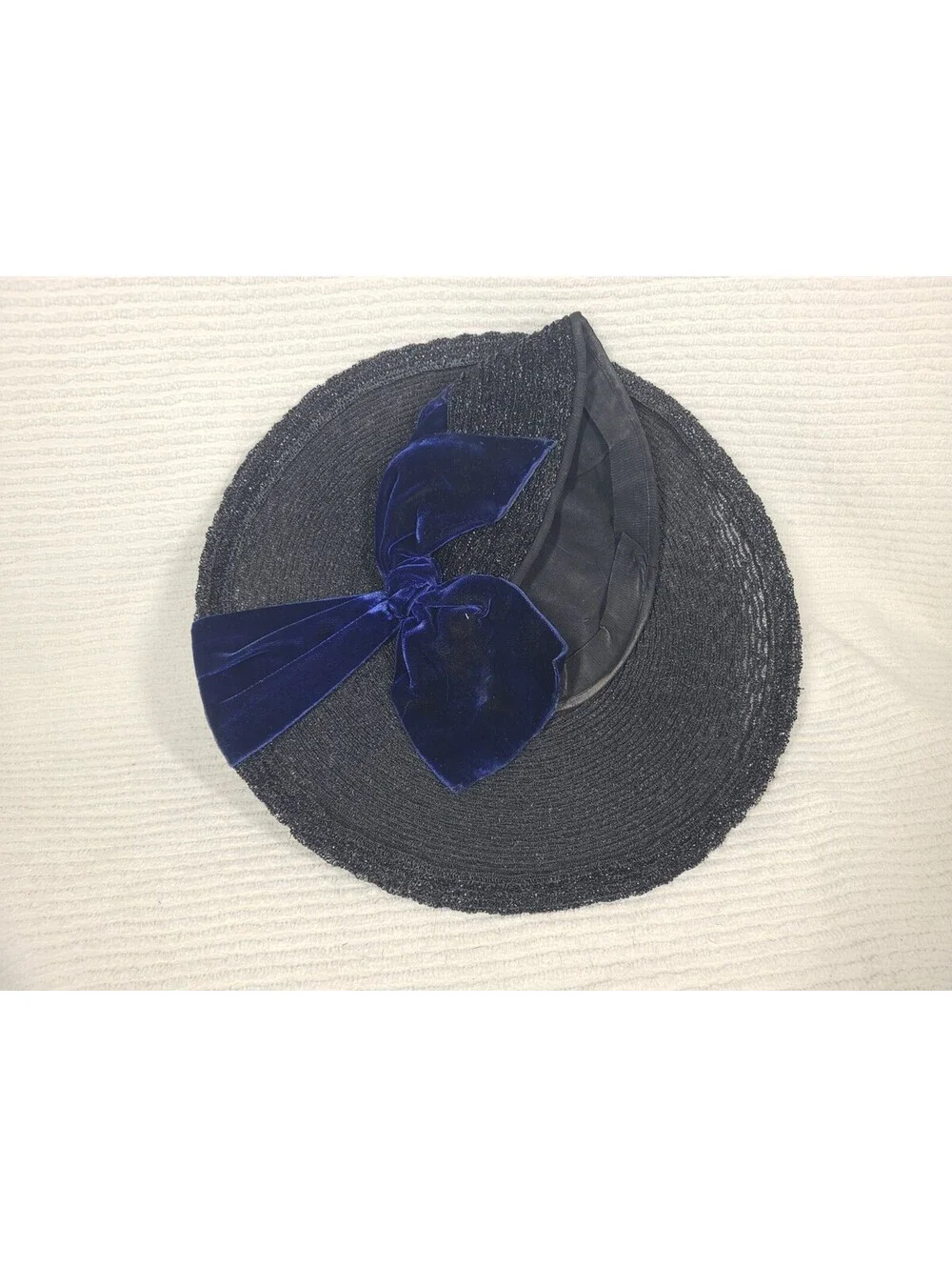 Vintage 1940s Saucer Hat Black Woven Straw Blue Silk Velvet Cloche Tilt Unique